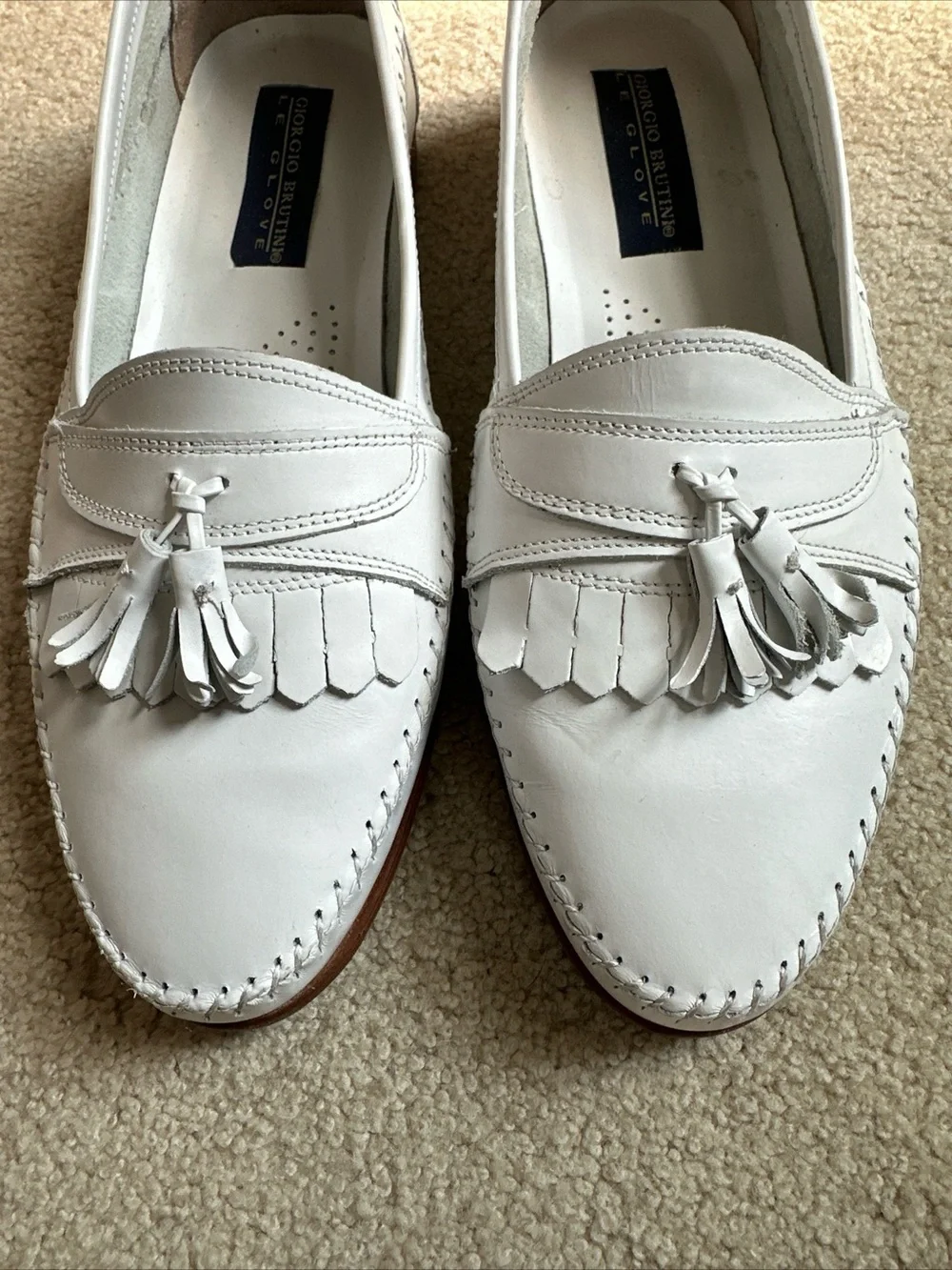 Giorgio Brutini White Leather Tassel Kiltie Loafers